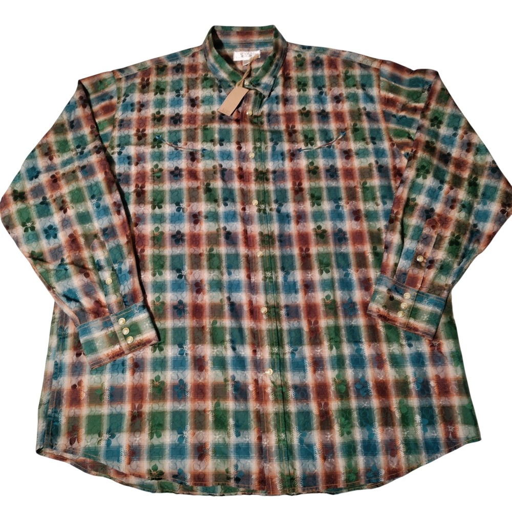 Ryan‎ Michael Mens XXL Silk Cotton Plaid Floral Western Snap Shirt NEW